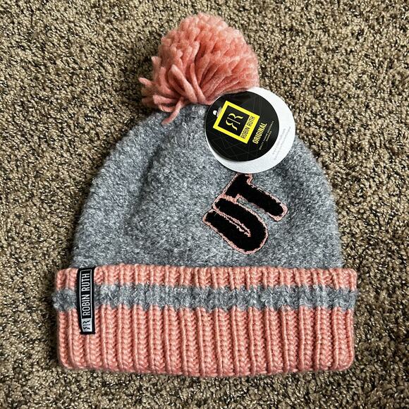 Robin Ruth Pom Pom Beanie - Utah - Winter Knit Cap Hat - Pink Salmon Gray NWT - Picture 1 of 9